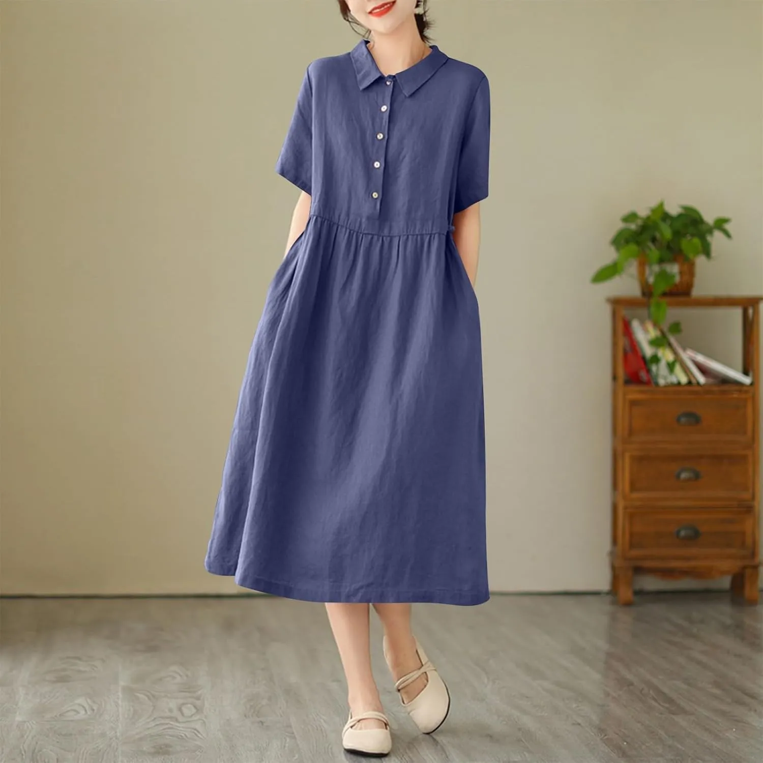 Women Cotton Short Sleeve Button Shirt Dress Summer Casual Lapel Loose Fit Breathable Maxi Dress Beach Long Sundress