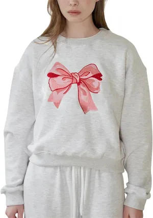 Women Cute Y2K Oversized Sweatshirt Long Sleeve Crewneck Bow Print Graphic Tees Fall Trendy Going Out Top Streetwear