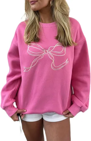 Women Cute Y2K Oversized Sweatshirt Long Sleeve Crewneck Bow Print Graphic Tees Fall Trendy Going Out Top Streetwear