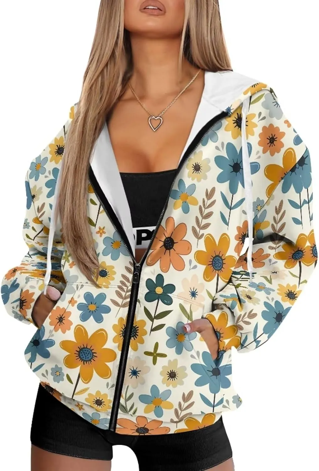 Women Zippered Hoodies Hooded Sweatshirt with Pocket Oversized Hoodie Drawstring Sweater Breathable Jacket Top