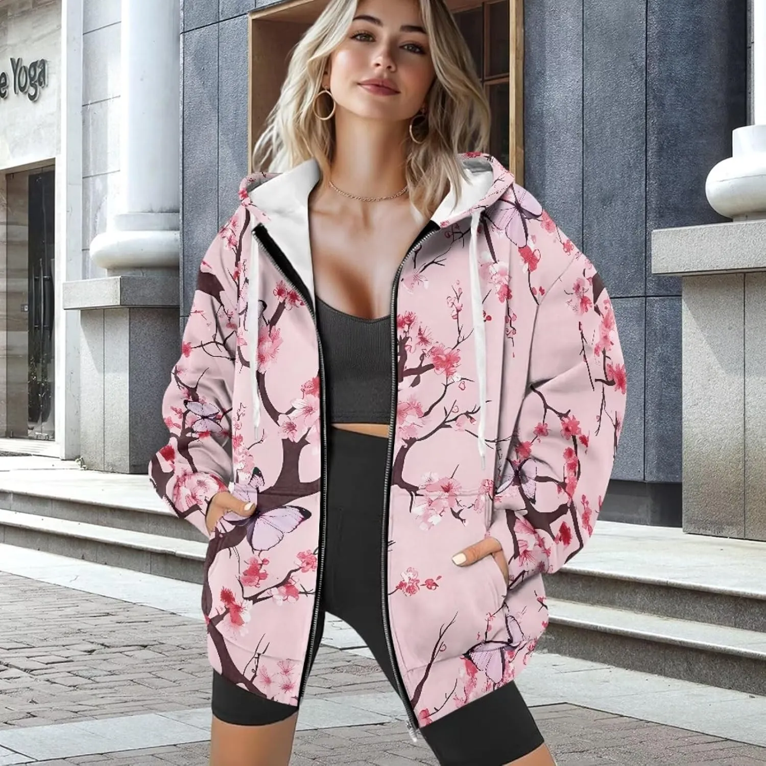 Women Zippered Hoodies Hooded Sweatshirt with Pocket Oversized Hoodie Drawstring Sweater Breathable Jacket Top