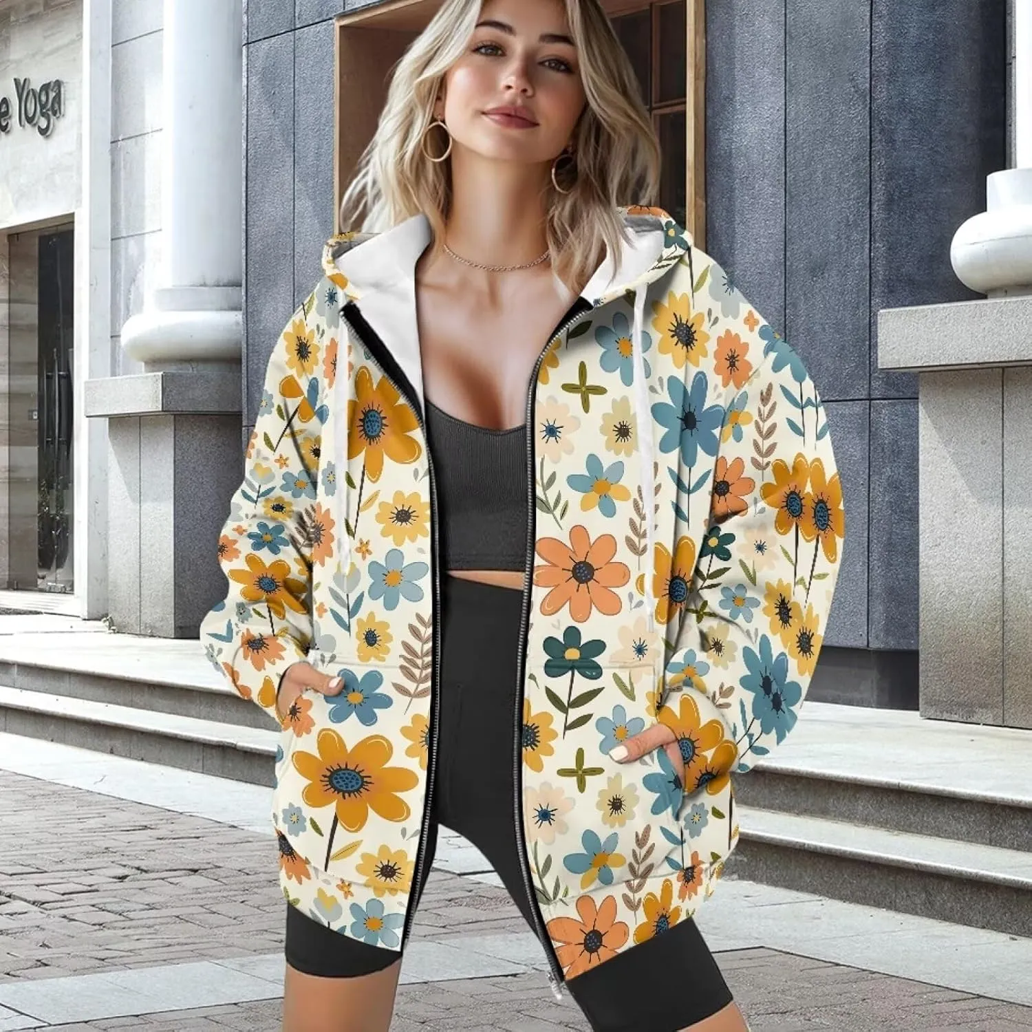 Women Zippered Hoodies Hooded Sweatshirt with Pocket Oversized Hoodie Drawstring Sweater Breathable Jacket Top