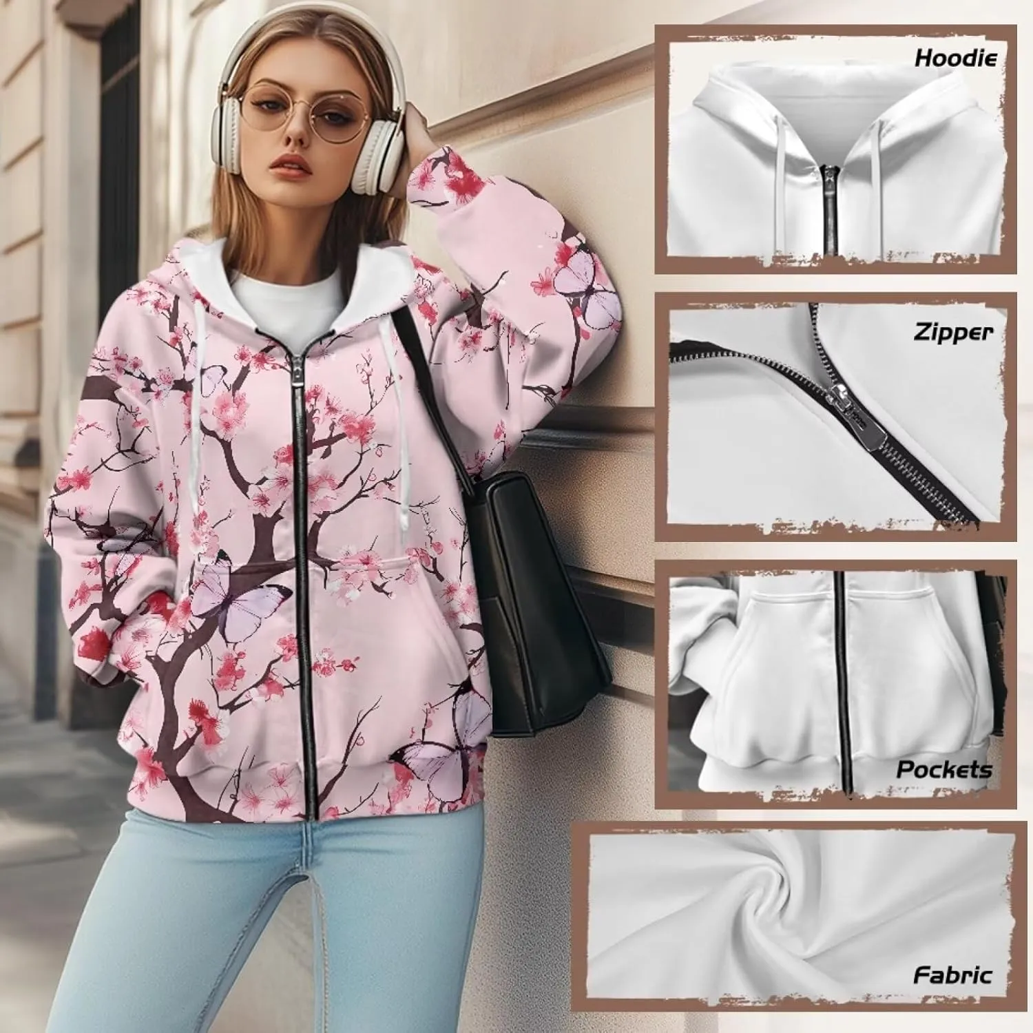 Women Zippered Hoodies Hooded Sweatshirt with Pocket Oversized Hoodie Drawstring Sweater Breathable Jacket Top