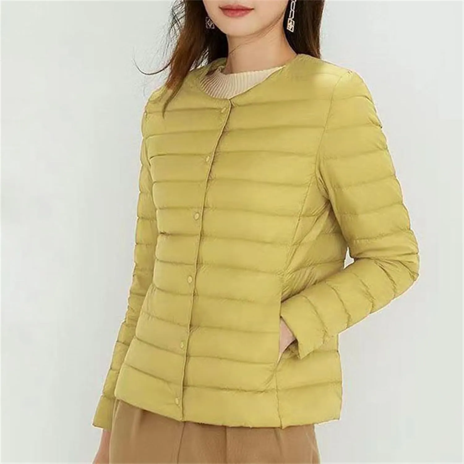 Women'S 90 White Duck Down Lightweight Round Neck V Neck Can Be Changed Short Slim Fit Warm Jacket Long