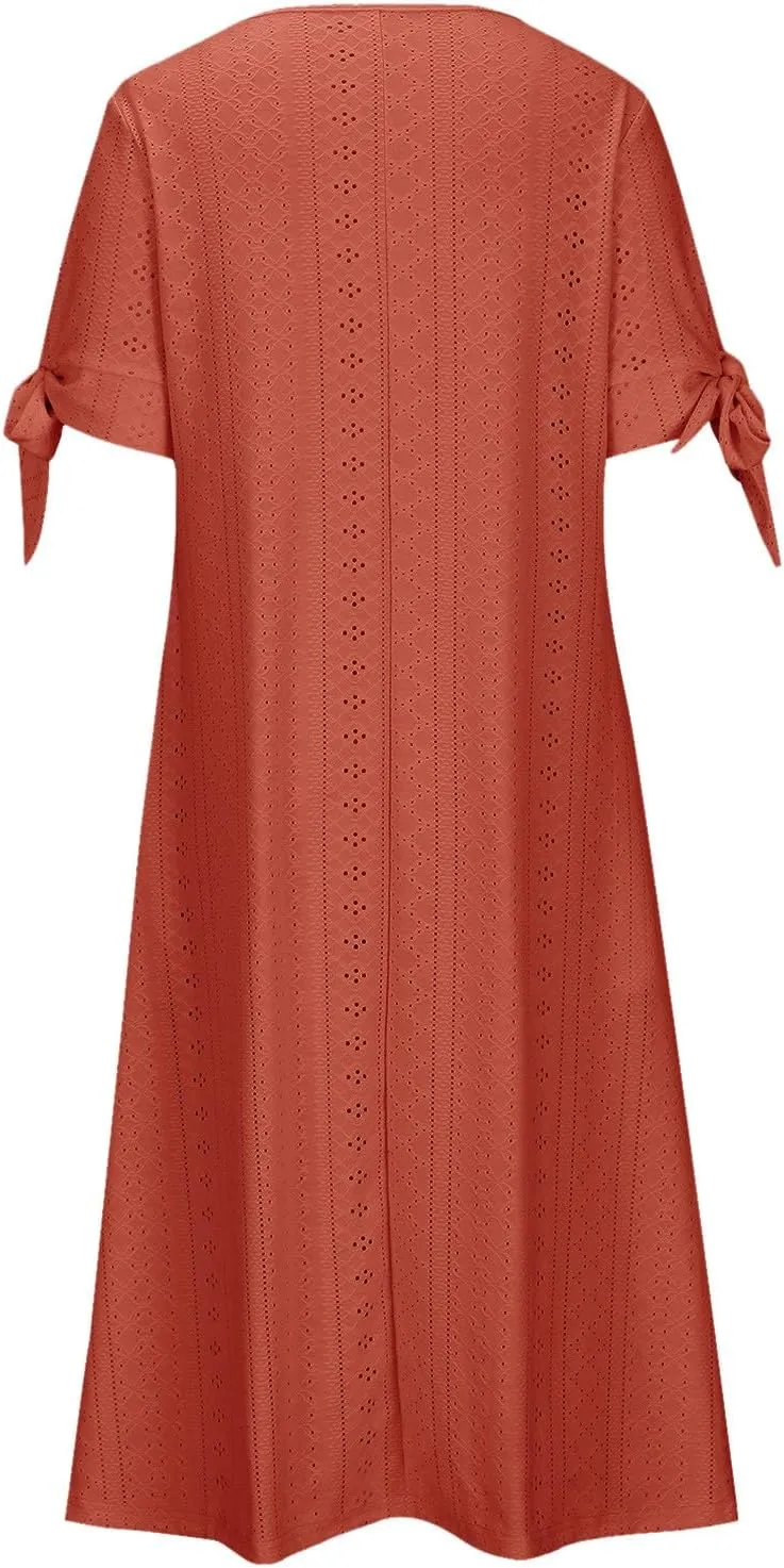 Women's A Line V Neck Dress Cut Out Short Sleeve Sundress Fashion Summer Casual Eyelet Breathable with Pocket