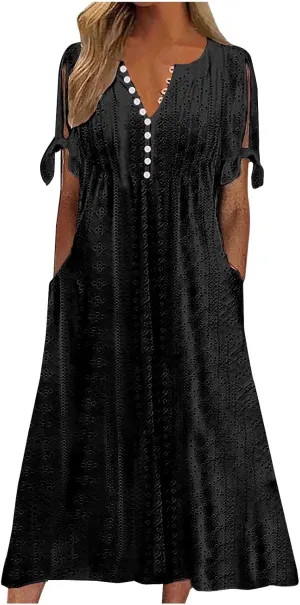 Women's A Line V Neck Dress Cut Out Short Sleeve Sundress Fashion Summer Casual Eyelet Breathable with Pocket