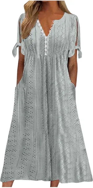 Women's A Line V Neck Dress Cut Out Short Sleeve Sundress Fashion Summer Casual Eyelet Breathable with Pocket
