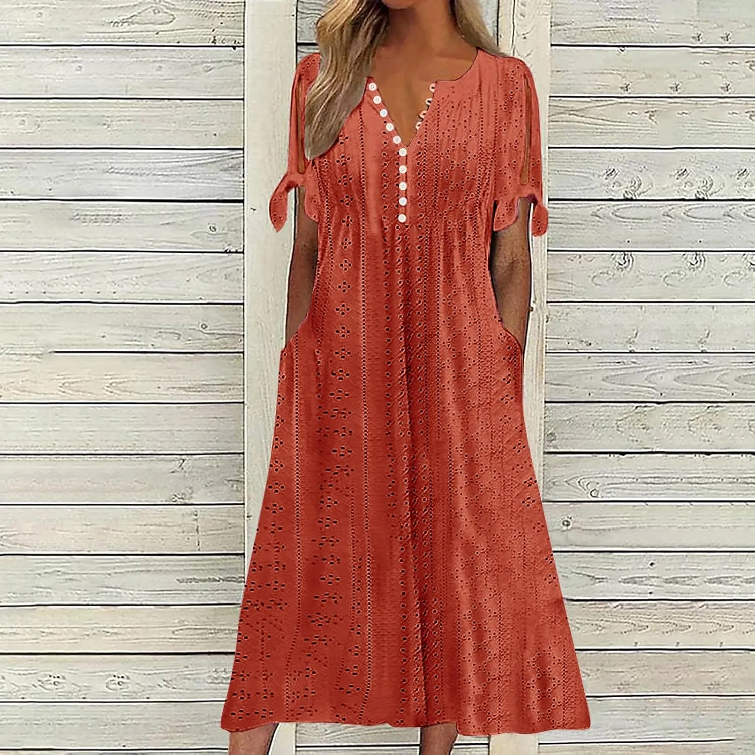 Women's A Line V Neck Dress Cut Out Short Sleeve Sundress Fashion Summer Casual Eyelet Breathable with Pocket