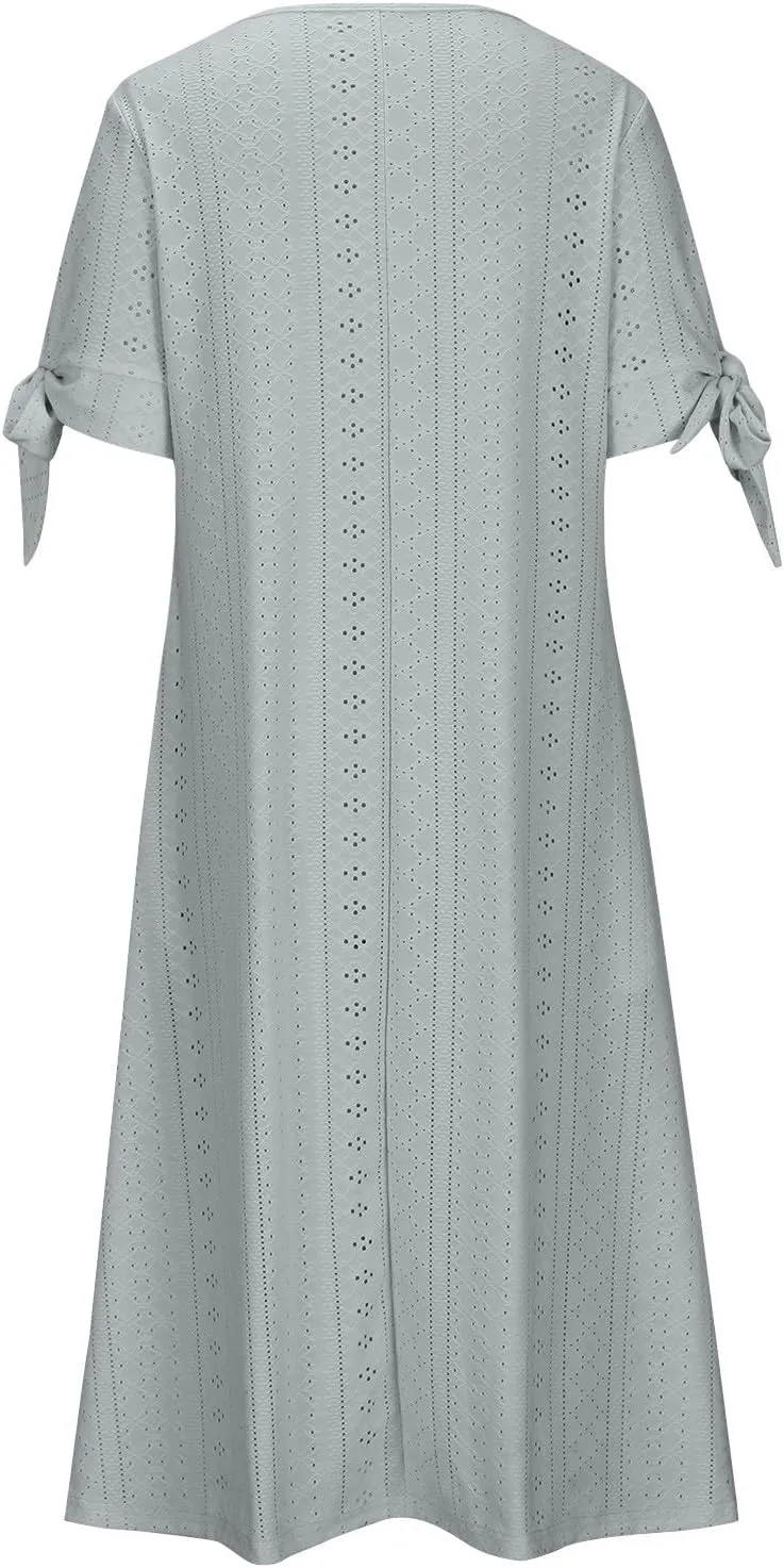 Women's A Line V Neck Dress Cut Out Short Sleeve Sundress Fashion Summer Casual Eyelet Breathable with Pocket