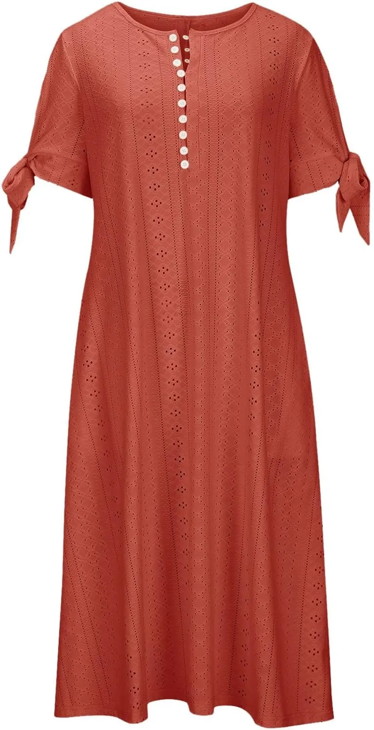Women's A Line V Neck Dress Cut Out Short Sleeve Sundress Fashion Summer Casual Eyelet Breathable with Pocket