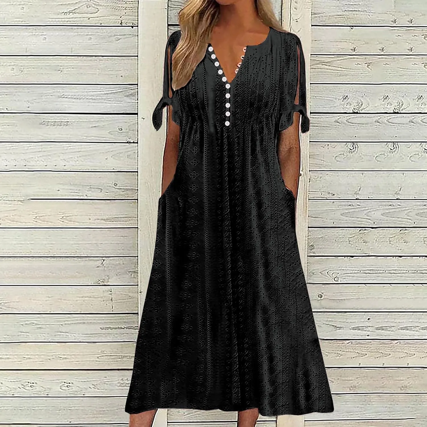 Women's A Line V Neck Dress Cut Out Short Sleeve Sundress Fashion Summer Casual Eyelet Breathable with Pocket