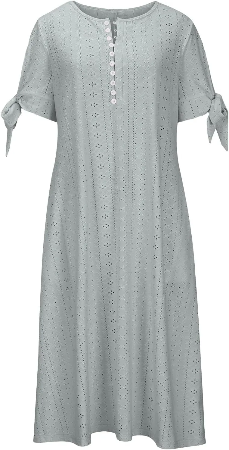 Women's A Line V Neck Dress Cut Out Short Sleeve Sundress Fashion Summer Casual Eyelet Breathable with Pocket