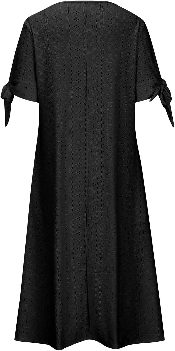 Women's A Line V Neck Dress Cut Out Short Sleeve Sundress Fashion Summer Casual Eyelet Breathable with Pocket