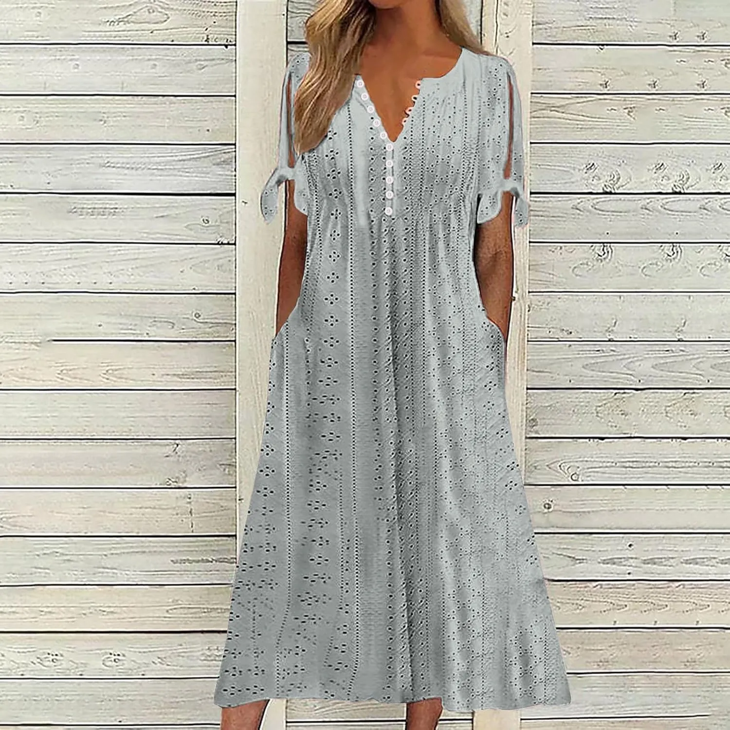 Women's A Line V Neck Dress Cut Out Short Sleeve Sundress Fashion Summer Casual Eyelet Breathable with Pocket