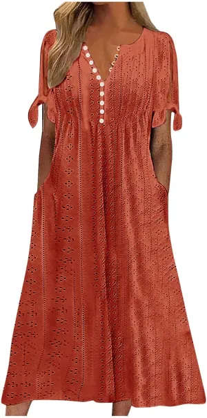 Women's A Line V Neck Dress Cut Out Short Sleeve Sundress Fashion Summer Casual Eyelet Breathable with Pocket