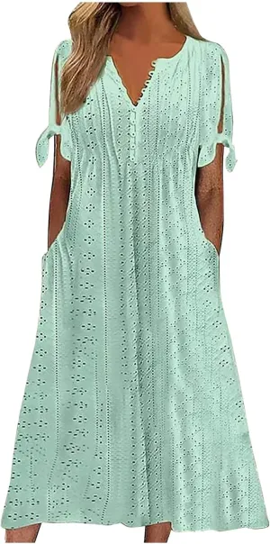 Women's A Line V Neck Dress Cut Out Short Sleeve Sundress Fashion Summer Casual Eyelet Breathable with Pocket