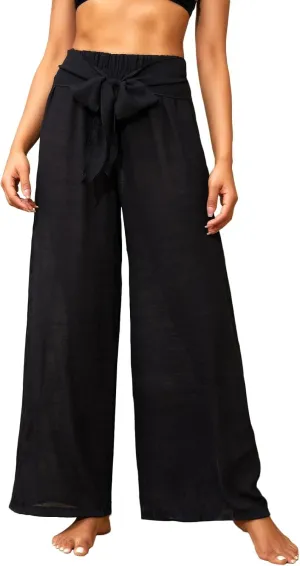 Women's Beach Cover Up Pants Mesh Wide Leg Loose Tie Front Elastic High Waist Bathing Suit Beach Pants