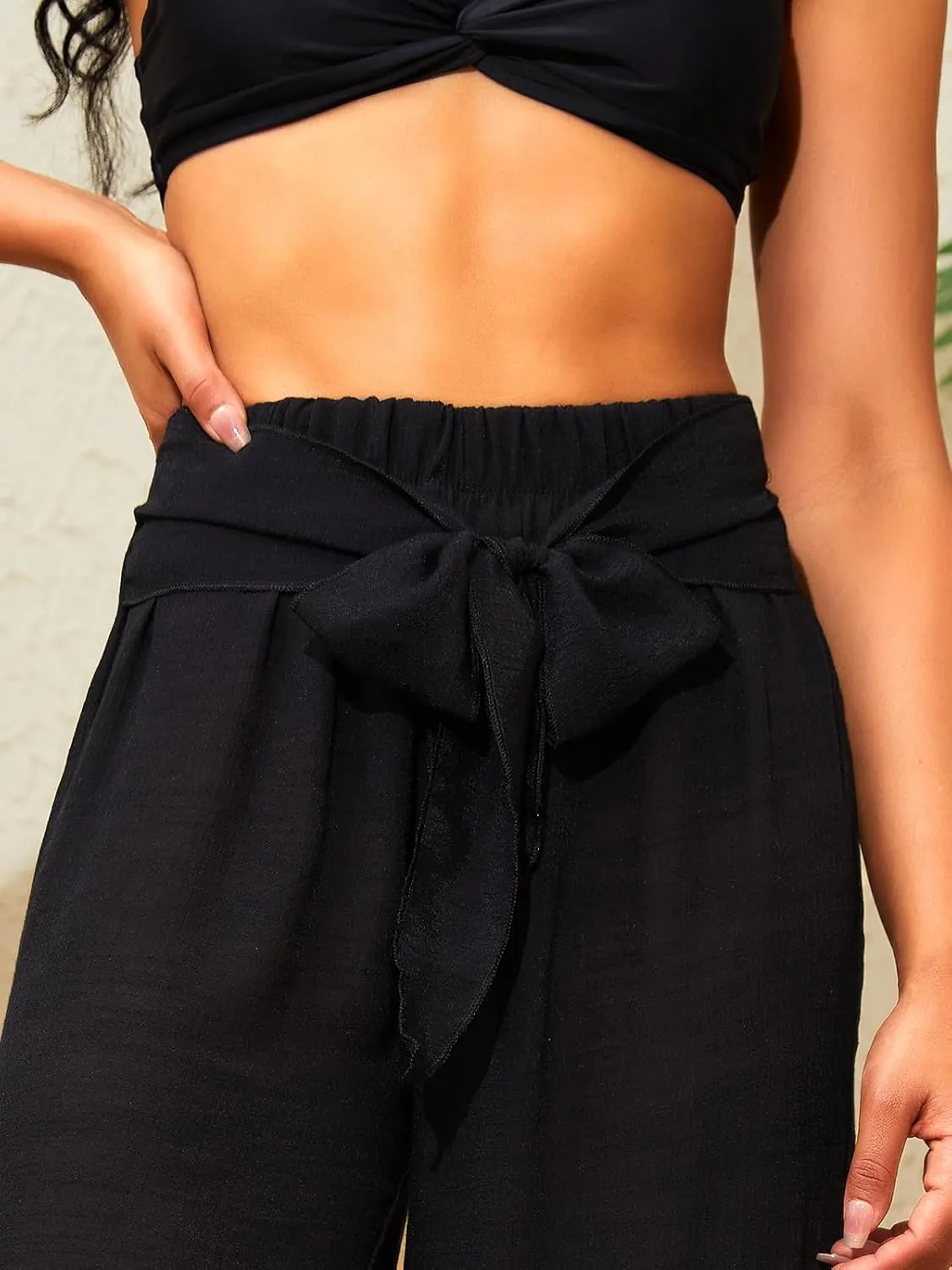 Women's Beach Cover Up Pants Mesh Wide Leg Loose Tie Front Elastic High Waist Bathing Suit Beach Pants