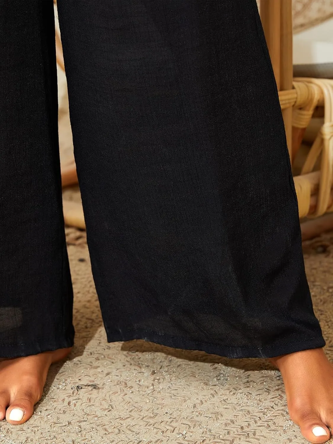 Women's Beach Cover Up Pants Mesh Wide Leg Loose Tie Front Elastic High Waist Bathing Suit Beach Pants