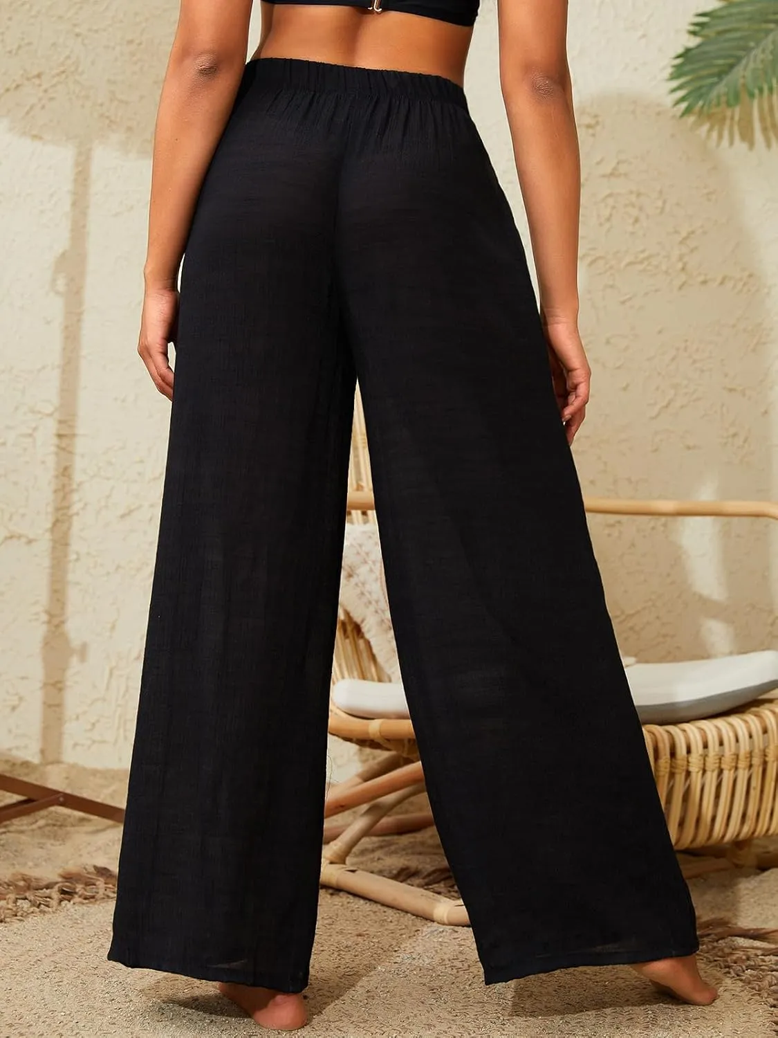 Women's Beach Cover Up Pants Mesh Wide Leg Loose Tie Front Elastic High Waist Bathing Suit Beach Pants