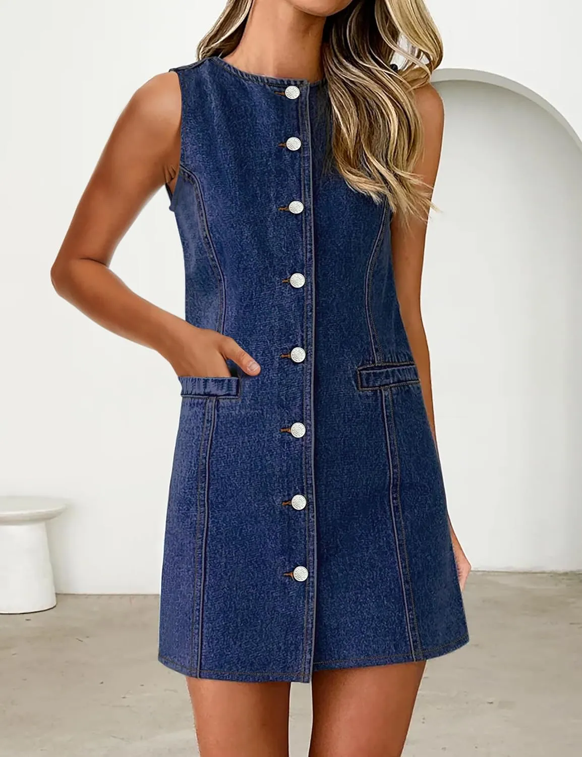 Women's Denim Dress Jean Sleeveless Button Down Shirt Mini Tank Casual Summer Dresses with Pocket 2025 Trendy Outfits