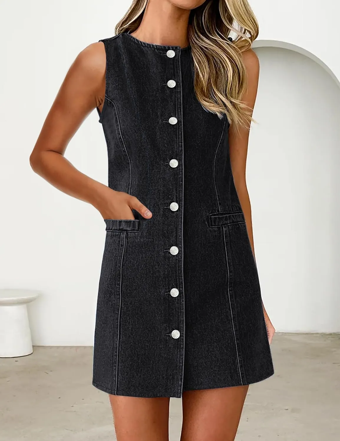 Women's Denim Dress Jean Sleeveless Button Down Shirt Mini Tank Casual Summer Dresses with Pocket 2025 Trendy Outfits