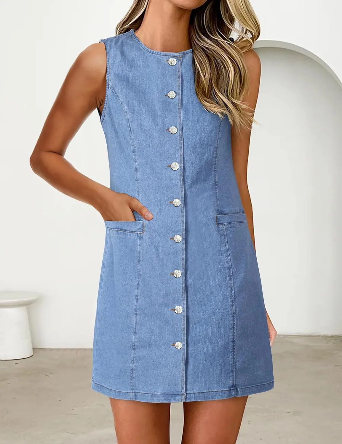Women's Denim Dress Jean Sleeveless Button Down Shirt Mini Tank Casual Summer Dresses with Pocket 2025 Trendy Outfits