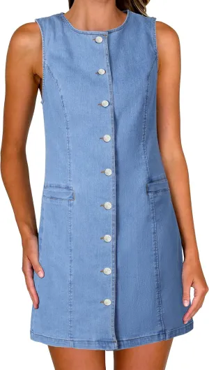 Women's Denim Dress Jean Sleeveless Button Down Shirt Mini Tank Casual Summer Dresses with Pocket 2025 Trendy Outfits