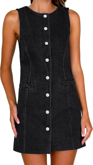 Women's Denim Dress Jean Sleeveless Button Down Shirt Mini Tank Casual Summer Dresses with Pocket 2025 Trendy Outfits