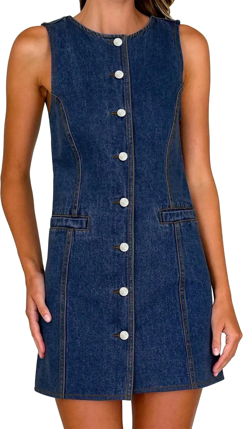 Women's Denim Dress Jean Sleeveless Button Down Shirt Mini Tank Casual Summer Dresses with Pocket 2025 Trendy Outfits