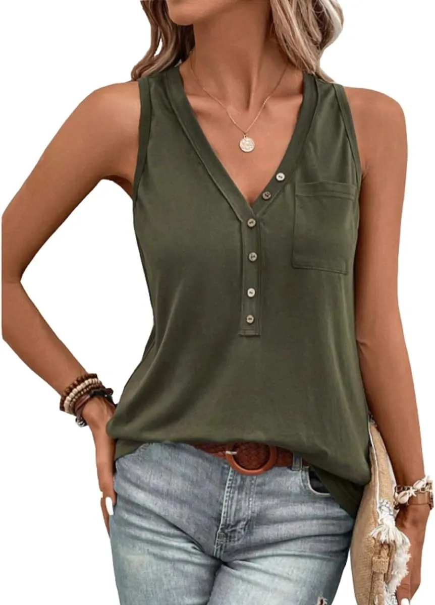 Women's Half Button Patched Pocket Tank Top Summer V Neck Sleeveless Loose Solid Color Casual Shirts