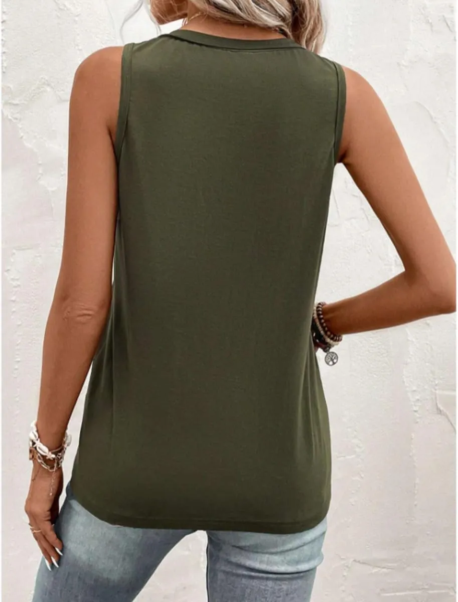 Women's Half Button Patched Pocket Tank Top Summer V Neck Sleeveless Loose Solid Color Casual Shirts