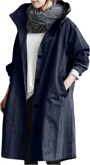 Women's Hooded Trenchcoat Windbreaker Plus Size Windproof Waterproof Long Jackets Raincoats for Women with Hood