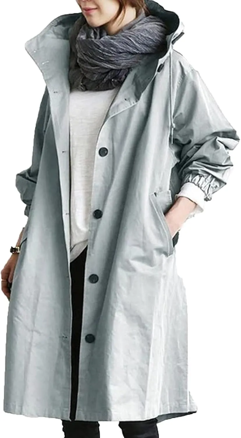 Women's Hooded Trenchcoat Windbreaker Plus Size Windproof Waterproof Long Jackets Raincoats for Women with Hood