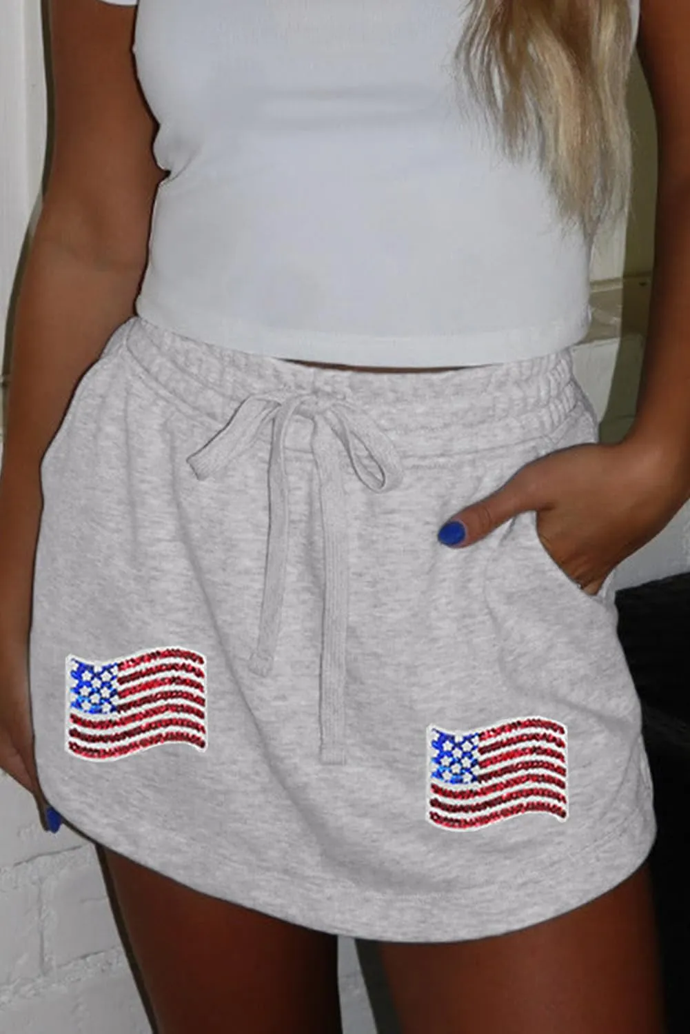 Women's Light Grey American Flag Patched Lace-Up High Waist Skort