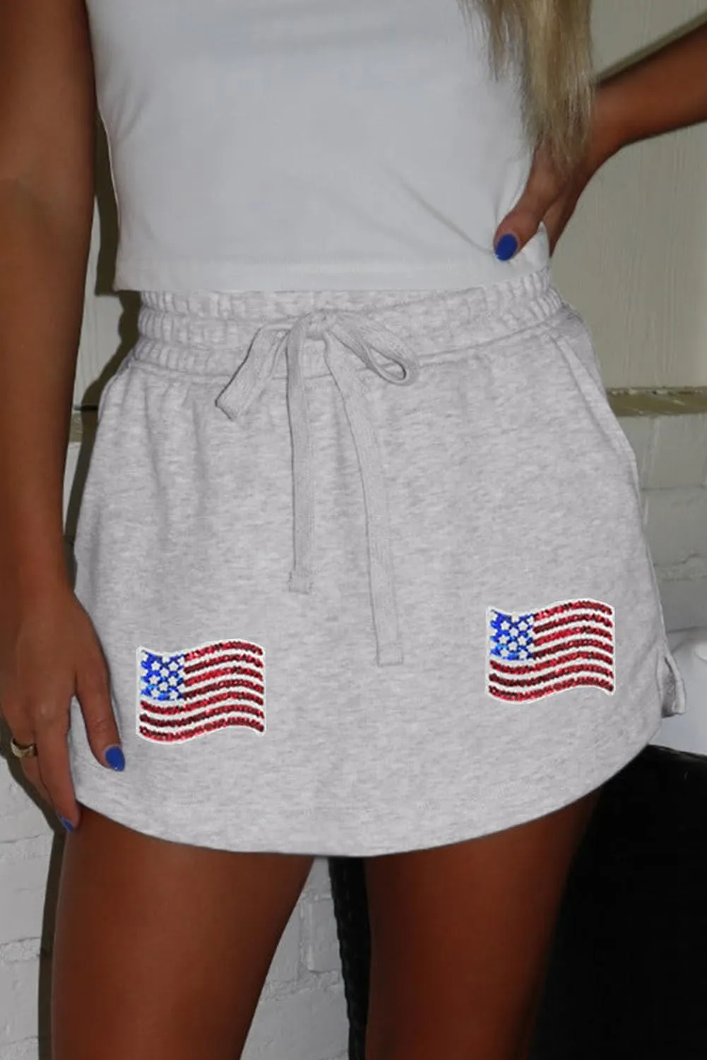 Women's Light Grey American Flag Patched Lace-Up High Waist Skort