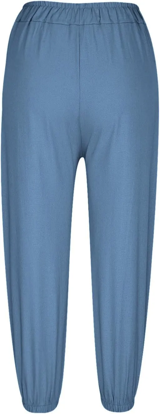 Womens Linen Pants Summer Casual Capri Pants with Pockets Cropped Comfort High Waisted Pockets Trousers Pants