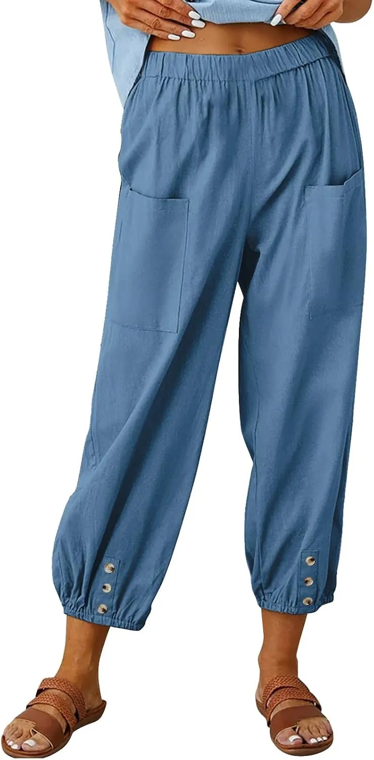 Womens Linen Pants Summer Casual Capri Pants with Pockets Cropped Comfort High Waisted Pockets Trousers Pants