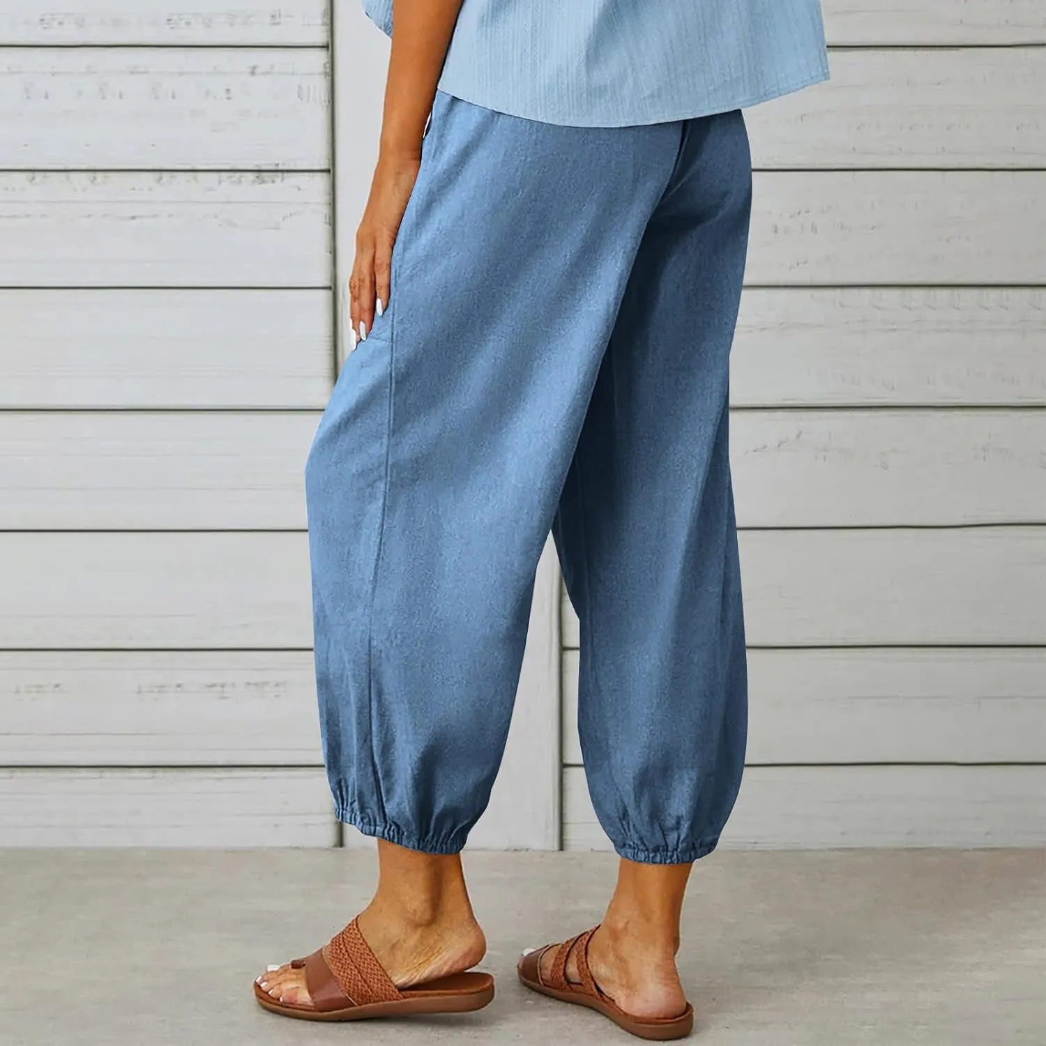 Womens Linen Pants Summer Casual Capri Pants with Pockets Cropped Comfort High Waisted Pockets Trousers Pants