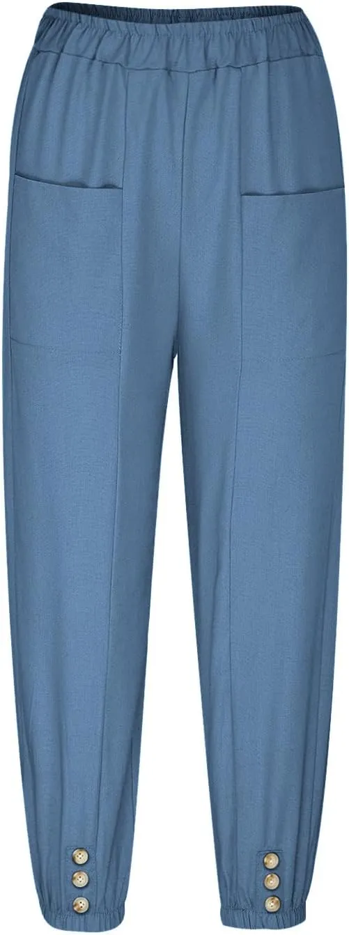 Womens Linen Pants Summer Casual Capri Pants with Pockets Cropped Comfort High Waisted Pockets Trousers Pants
