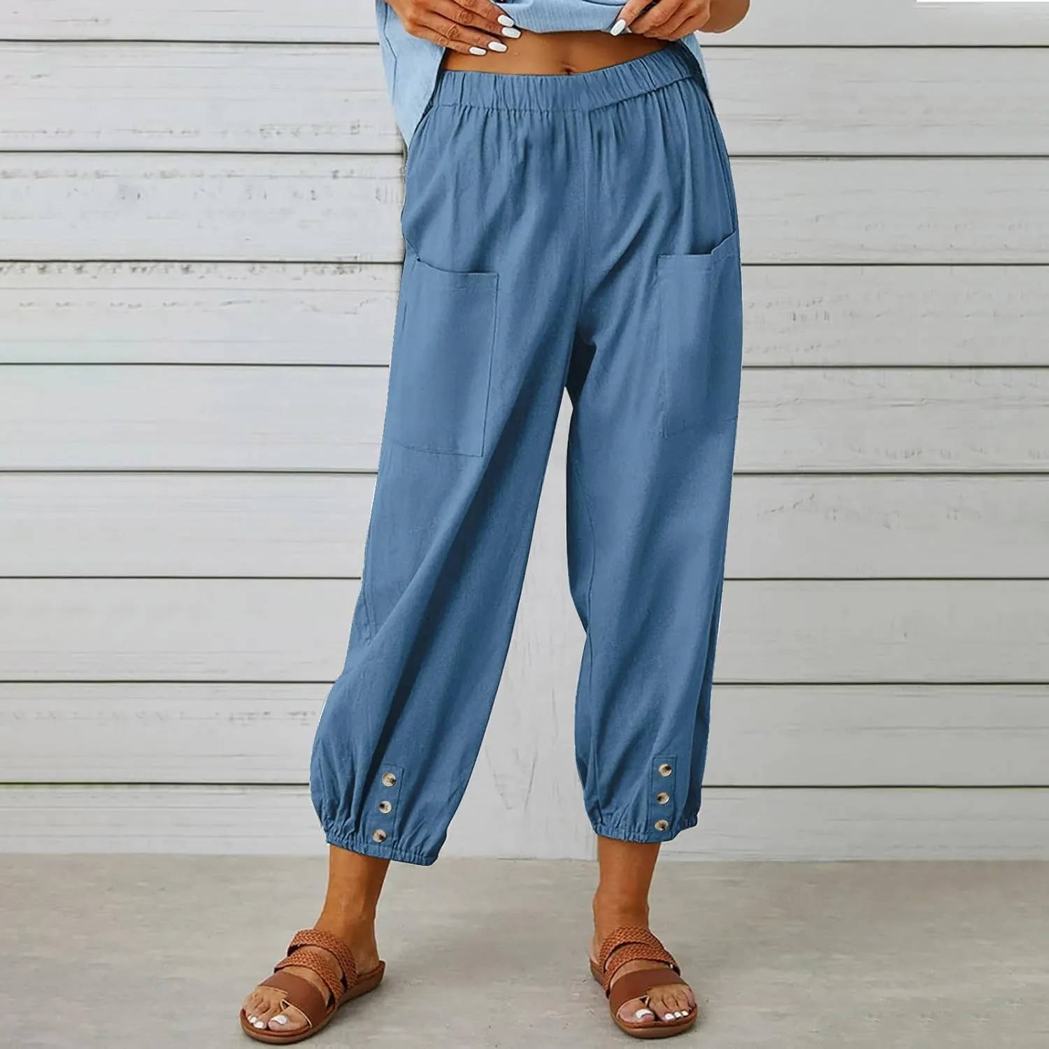 Womens Linen Pants Summer Casual Capri Pants with Pockets Cropped Comfort High Waisted Pockets Trousers Pants
