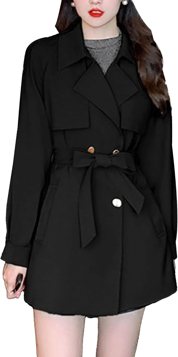 Womens Mid-Long Trench Coat Double Breasted Classic Lapel Overcoat Belted Notch Lapel Jacket Windproof Outerwear