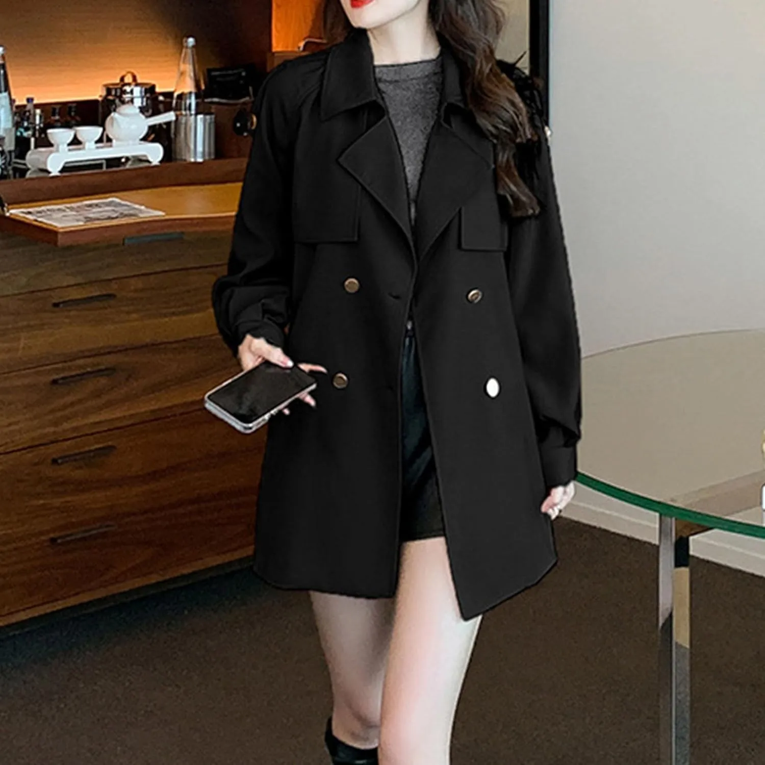 Womens Mid-Long Trench Coat Double Breasted Classic Lapel Overcoat Belted Notch Lapel Jacket Windproof Outerwear