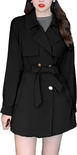 Womens Mid-Long Trench Coat Double Breasted Classic Lapel Overcoat Belted Notch Lapel Jacket Windproof Outerwear