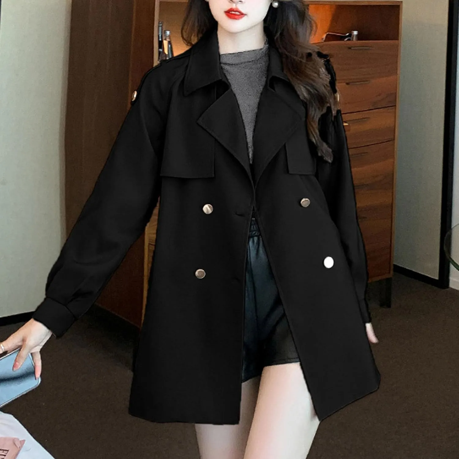 Womens Mid-Long Trench Coat Double Breasted Classic Lapel Overcoat Belted Notch Lapel Jacket Windproof Outerwear