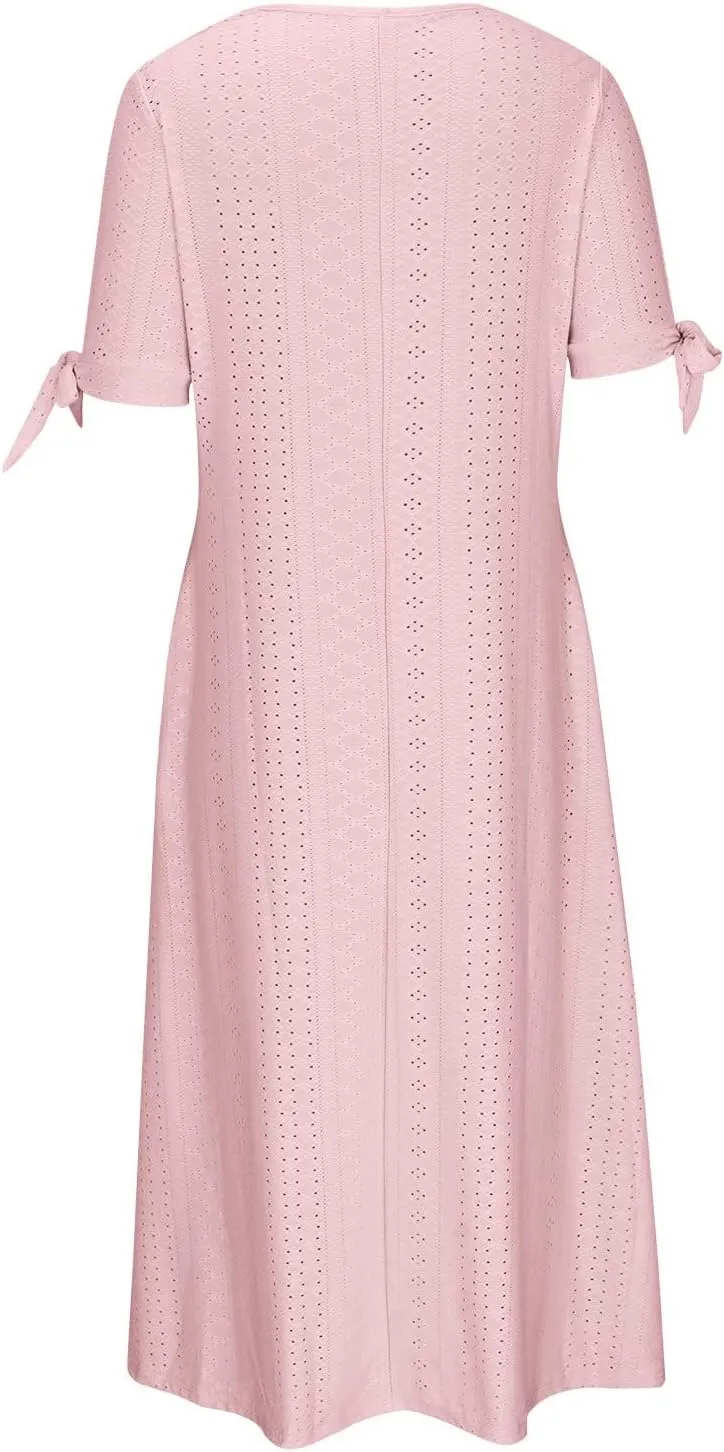 Womens Midi Dresses Summer Plus Size Fashion Hollow Out Breathable Short Sleeves V-Neck Loose Comfy Beach Sundress
