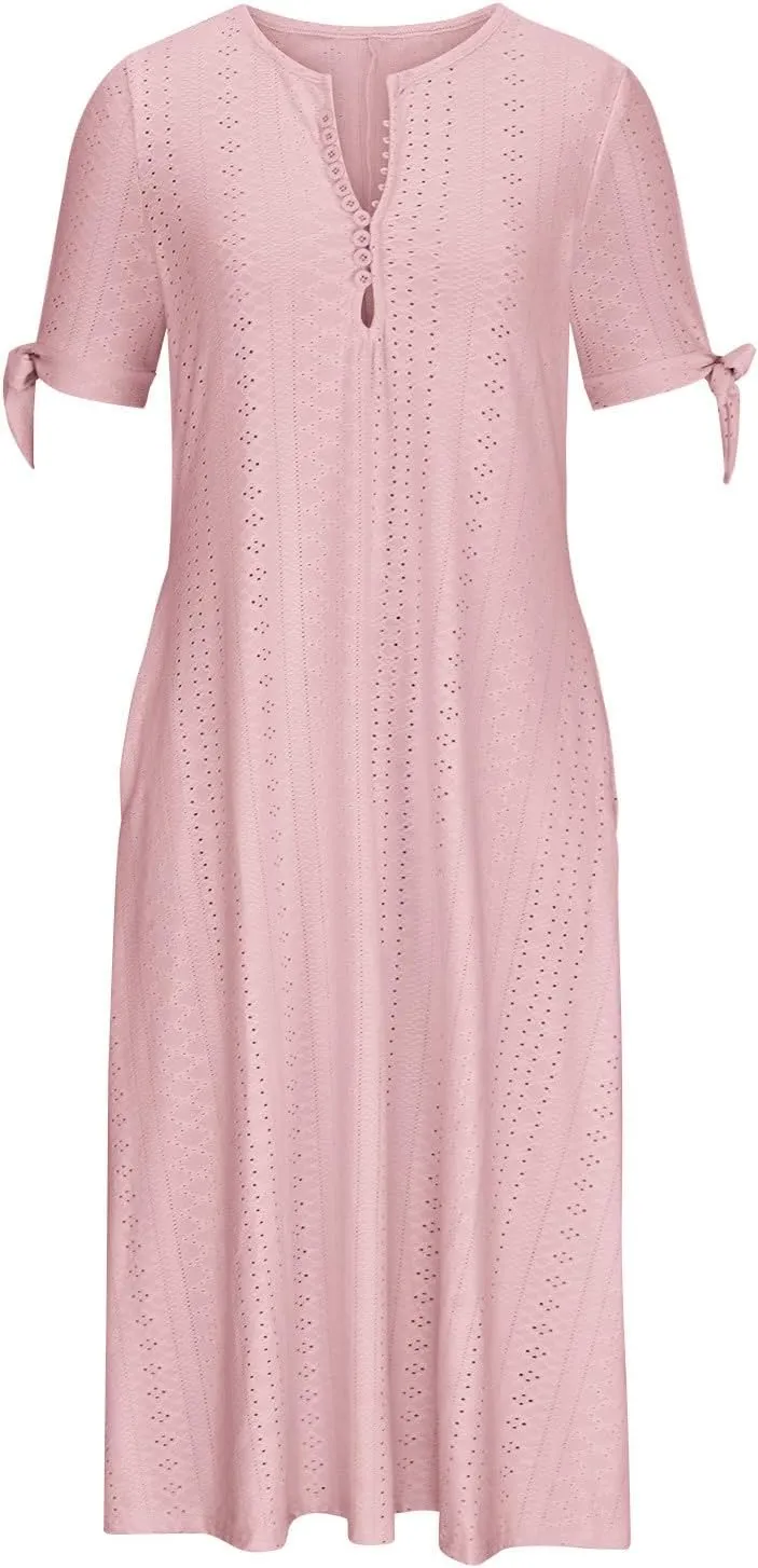 Womens Midi Dresses Summer Plus Size Fashion Hollow Out Breathable Short Sleeves V-Neck Loose Comfy Beach Sundress