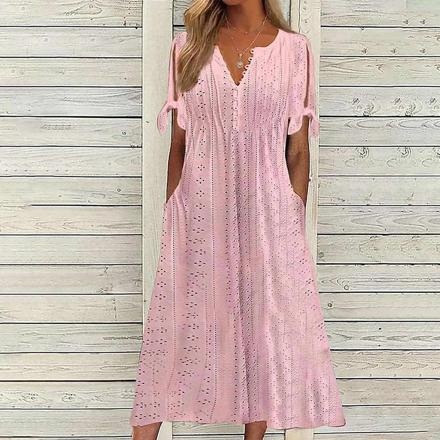 Womens Midi Dresses Summer Plus Size Fashion Hollow Out Breathable Short Sleeves V-Neck Loose Comfy Beach Sundress