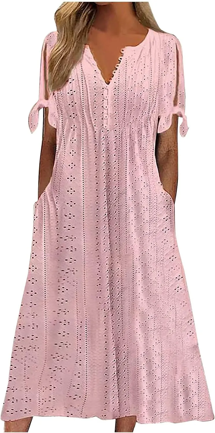 Womens Midi Dresses Summer Plus Size Fashion Hollow Out Breathable Short Sleeves V-Neck Loose Comfy Beach Sundress
