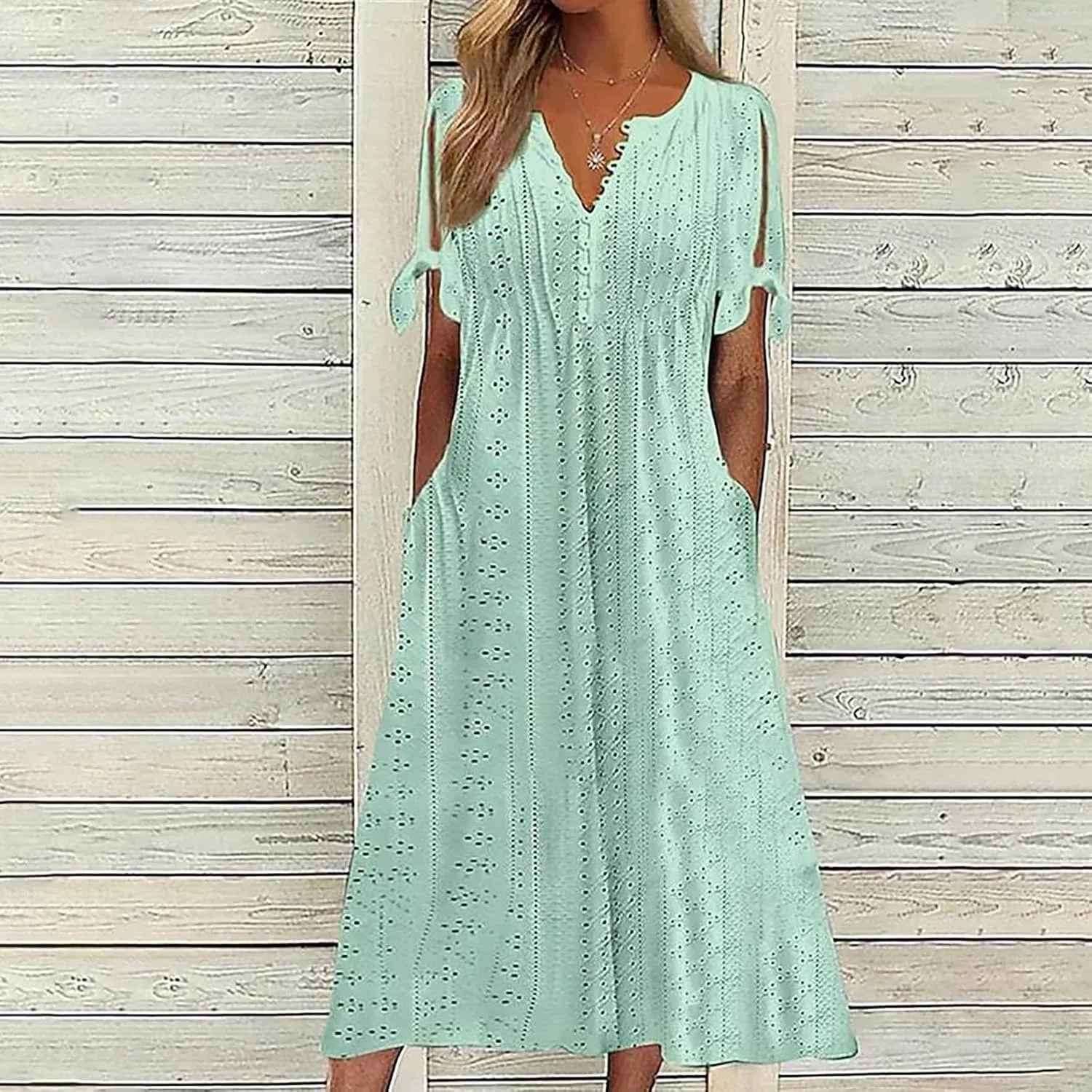 Womens Midi Dresses Summer Plus Size Fashion Hollow Out Breathable Short Sleeves V-Neck Loose Comfy Beach Sundress